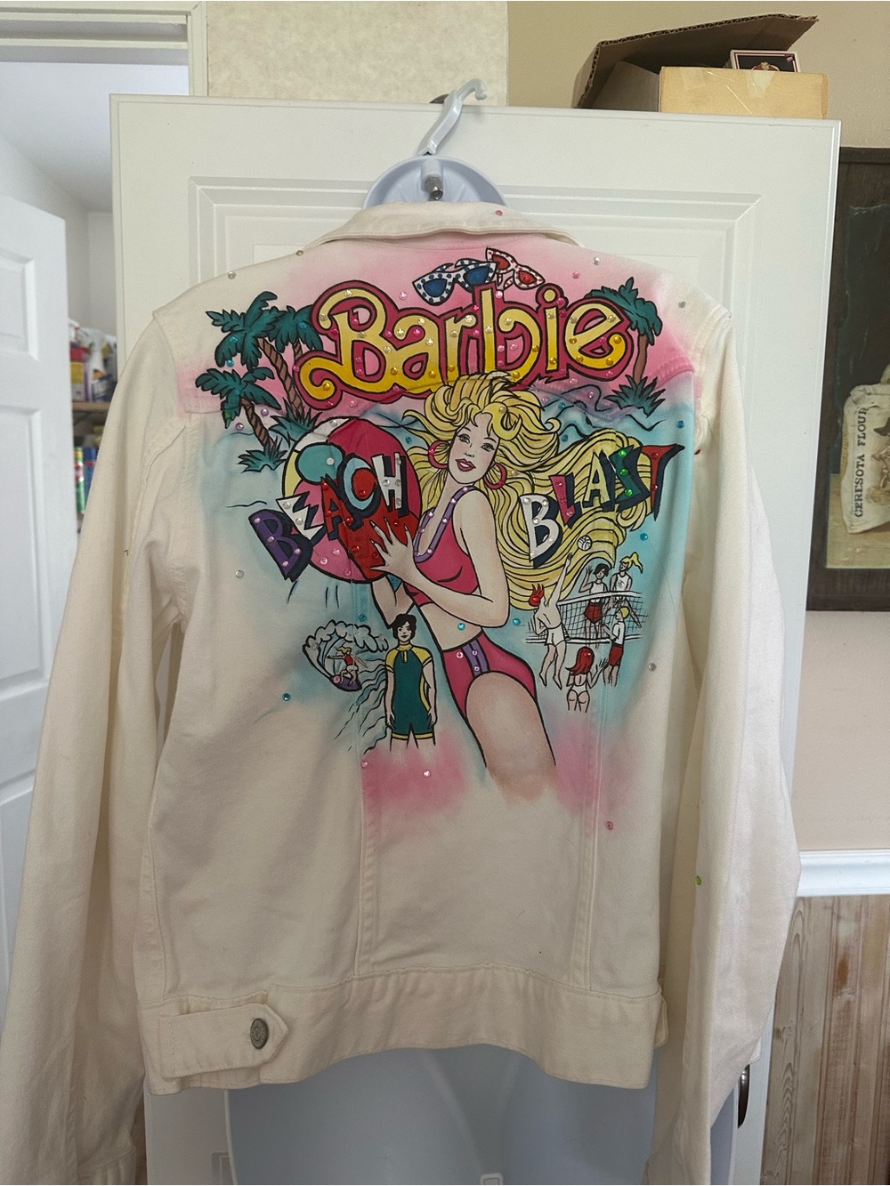 GAP Barbie Beach Blast Graphic Denim Jacket - Cream with Pink & Multicolor